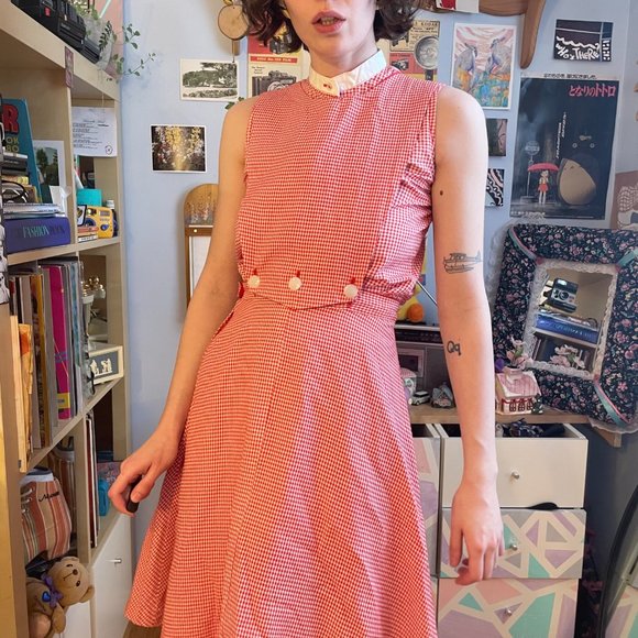 50s gingham plaid Honeylane XXS plaid circle skirt, sleeveless shirt, and bib! - Picture 6 of 16